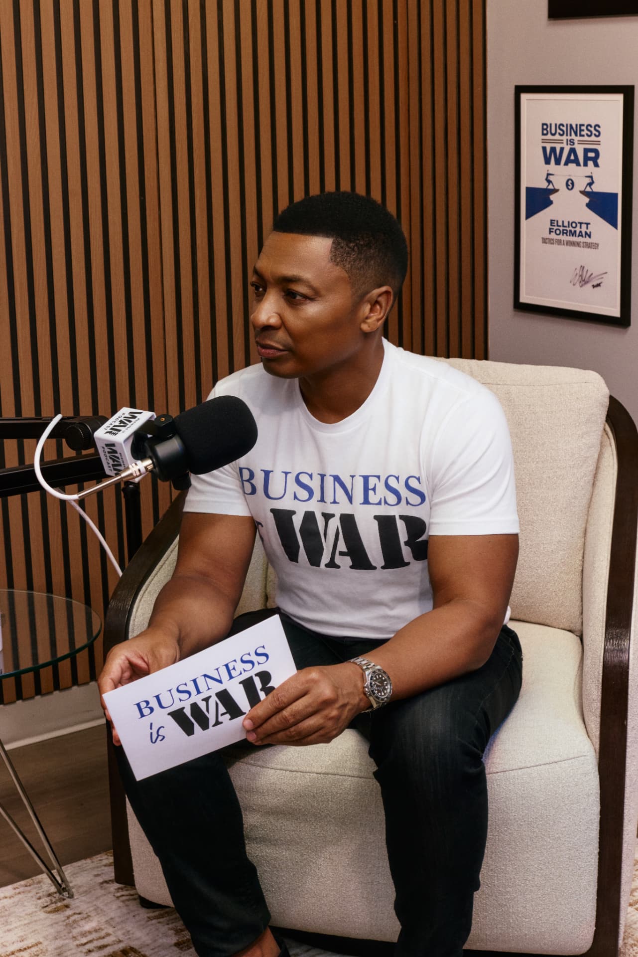 Elliott Forman recording the Business Is War podcast