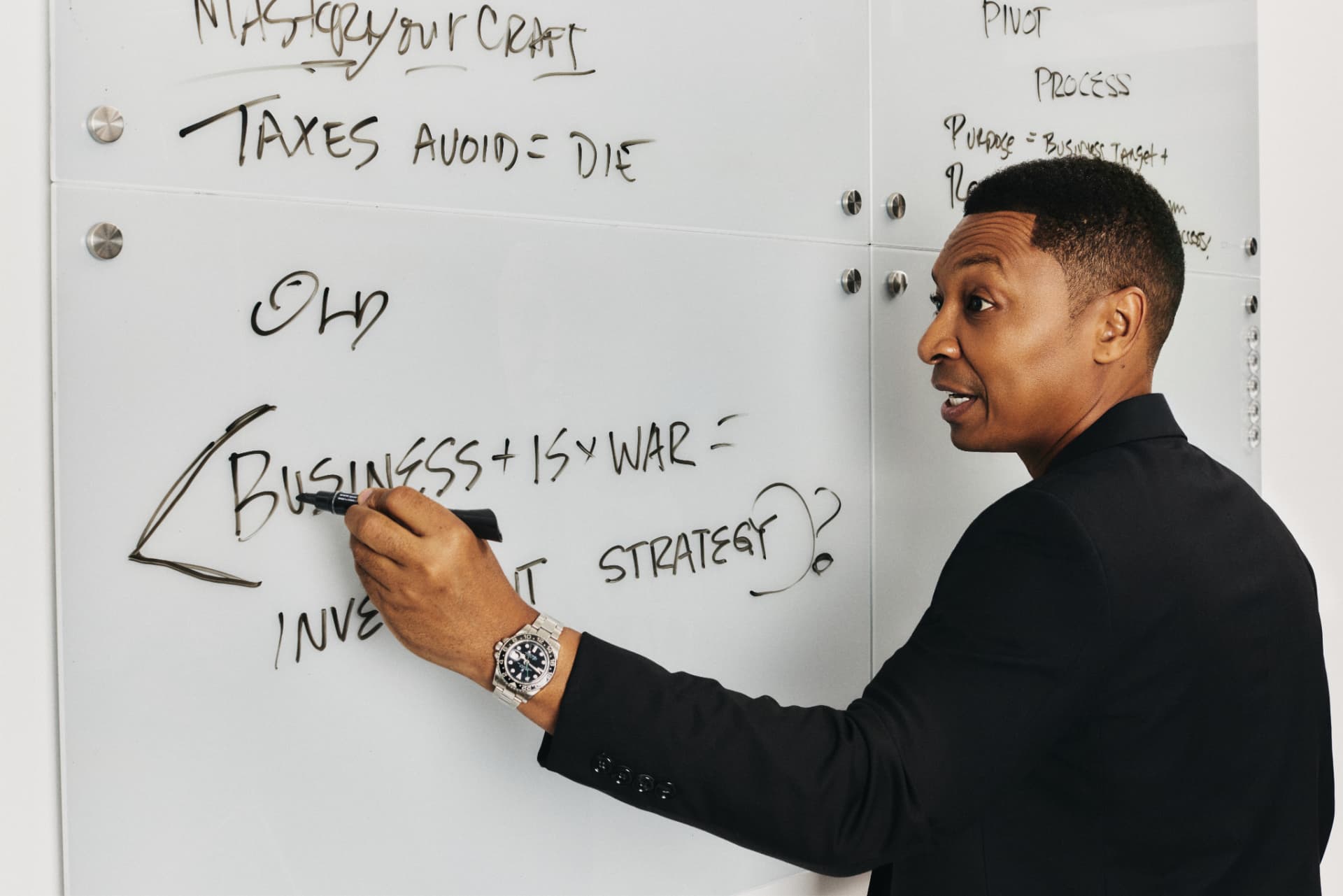 Elliott Forman mapping a strategy at the whiteboard